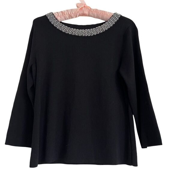 Liz Claiborne Emma James Pearls + Beaded Neckline Black Long Sleeve Sweater M - Picture 1 of 6